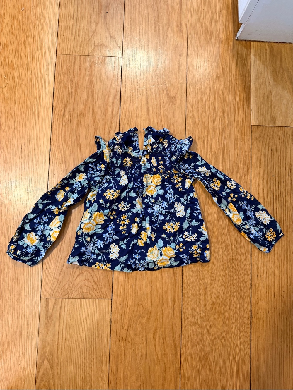 Janie and Jack Navy Floral Ruffle Neck Long-Sleeve Top